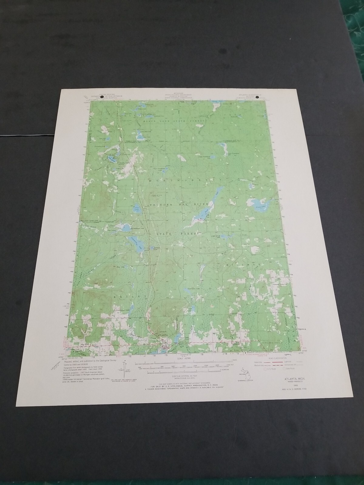 ATLANTA MICHIGAN ORIGINAL 1955 USGS QUADRANGLE 17X21 MAP EXCELLENT CONDITION