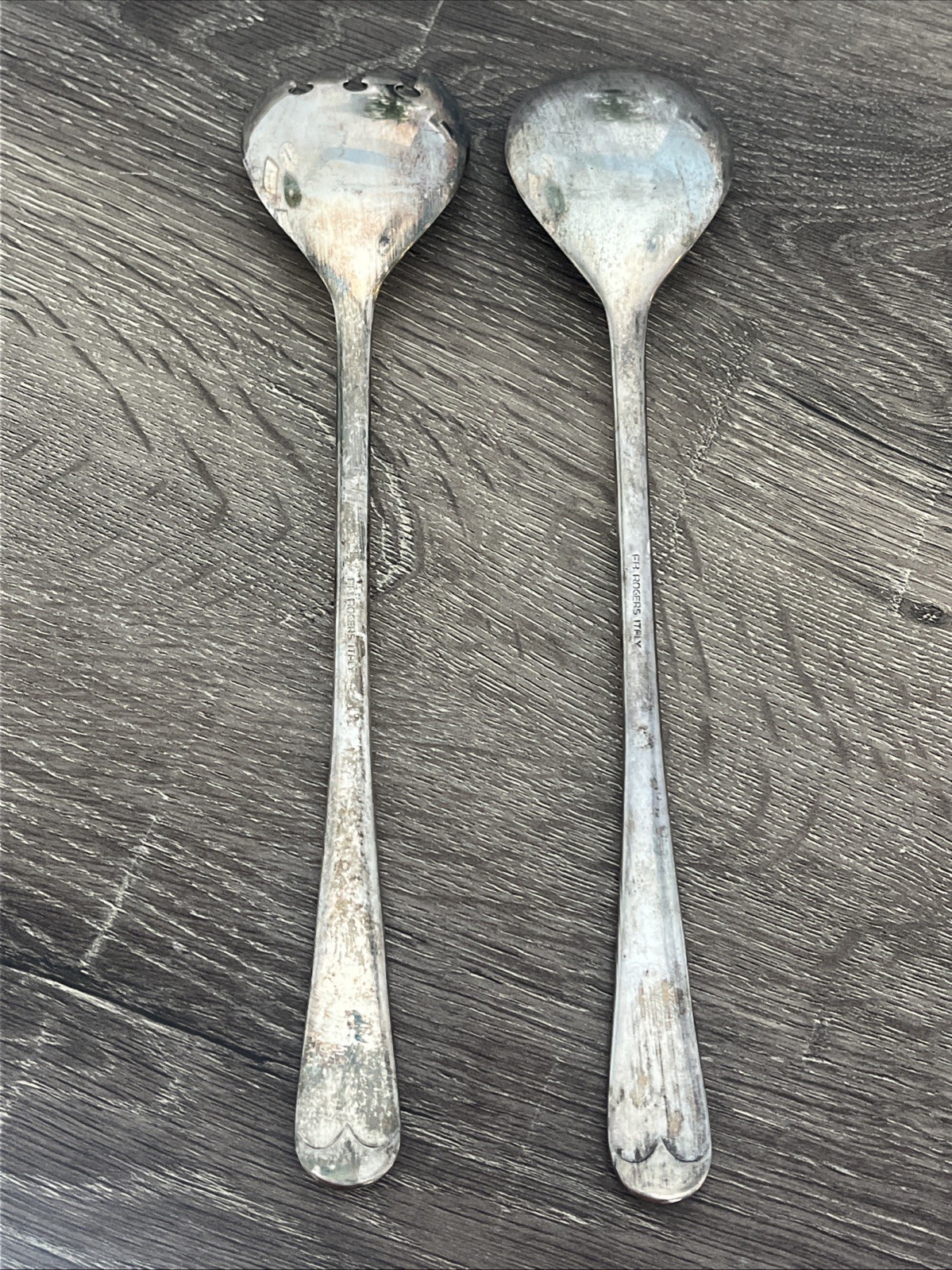 Rogers Italy Silverplate Salad Servers 9″ Fork & Spoon Set Vintage MCM Flatware