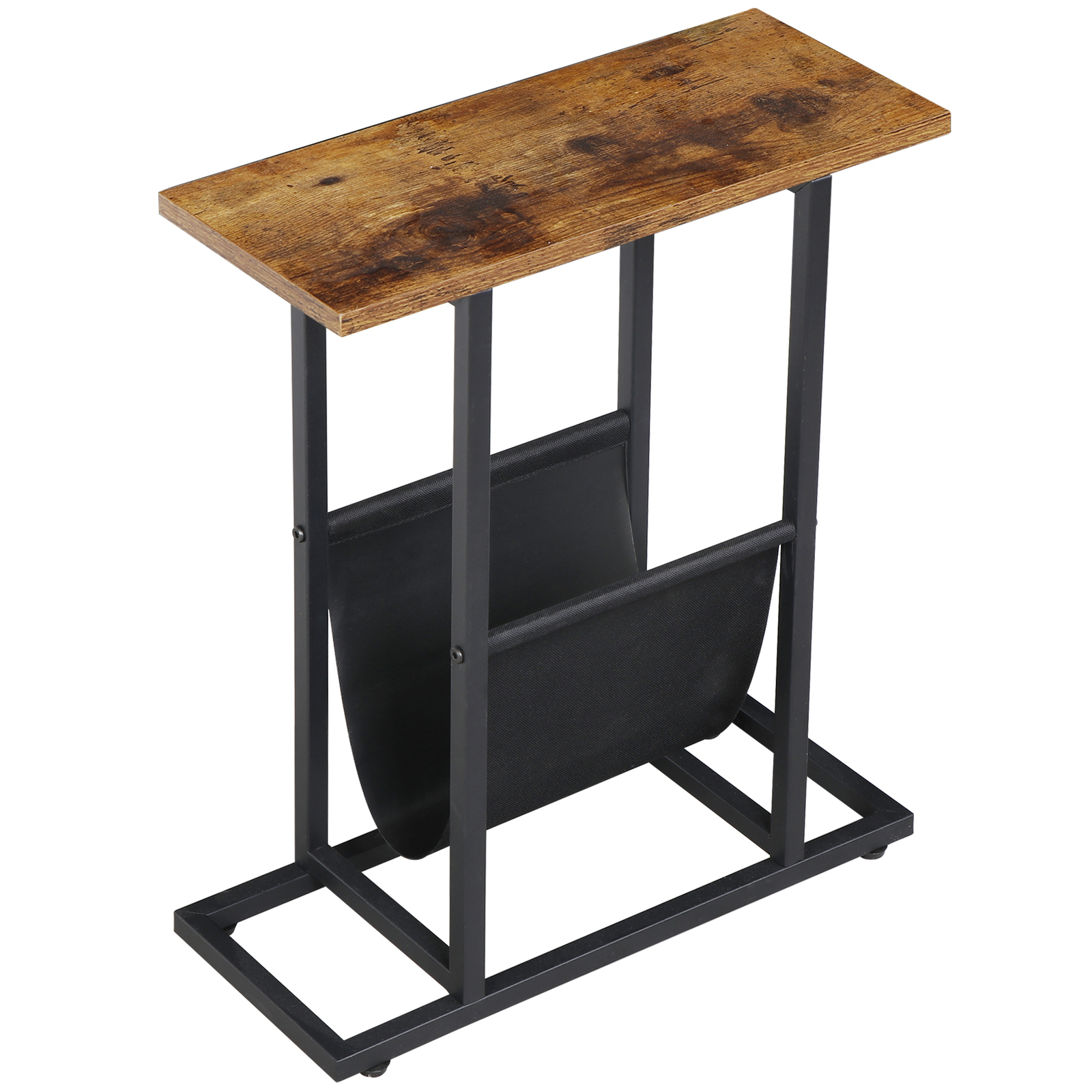 Narrow Side Table for Small Spaces w/Metal Frame Magazine Holder Rustic Brown