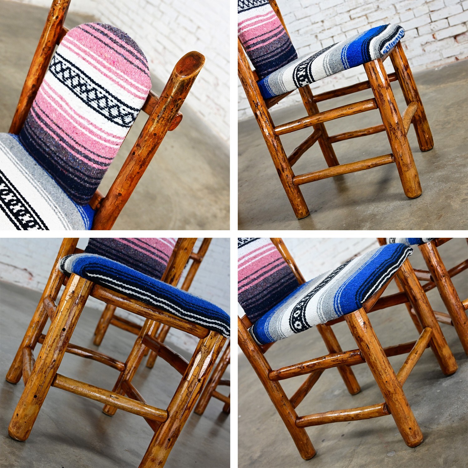 Rustic Natural Log Frame Dining Chairs Traditional Serape Blanket Upholstery