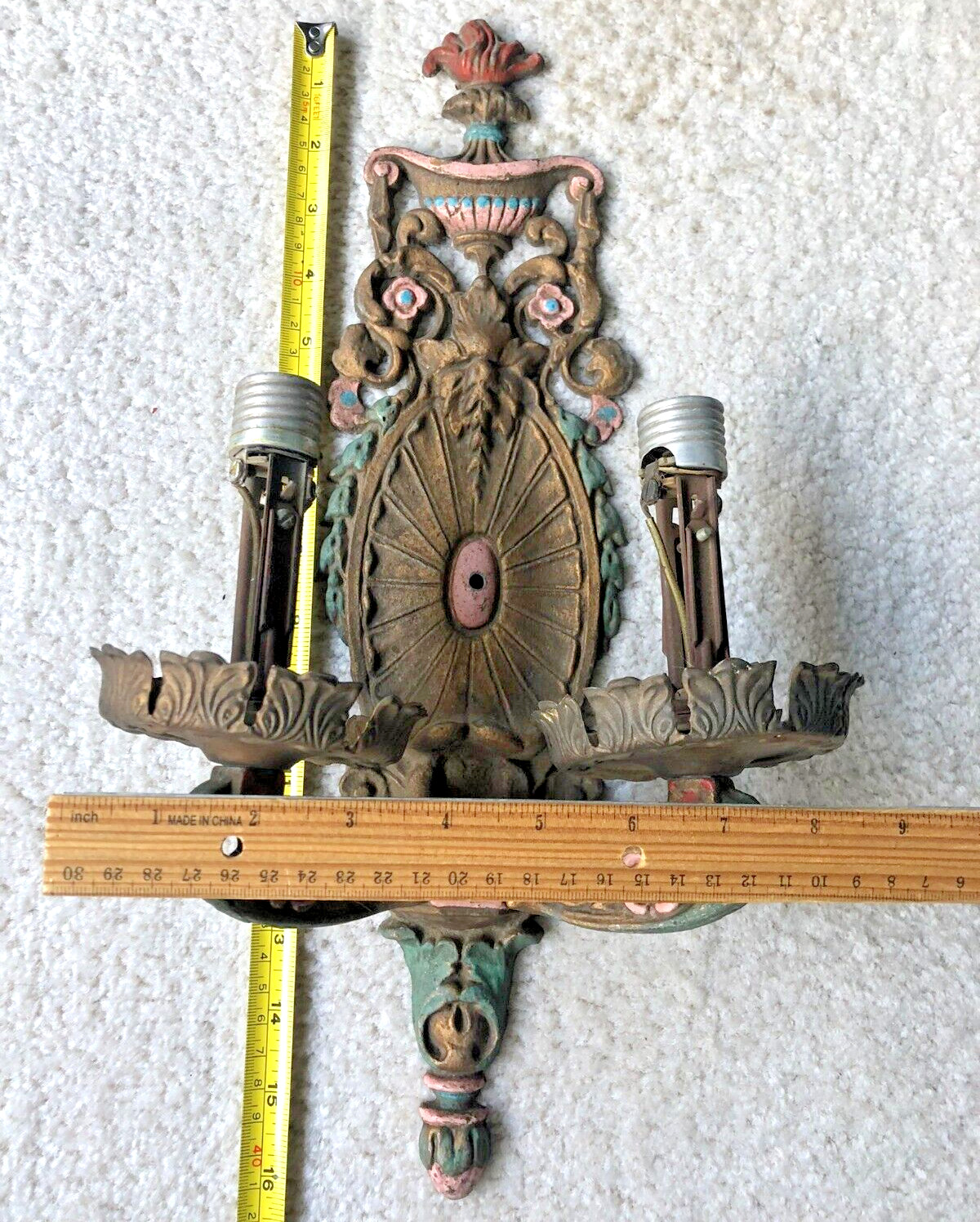 Antique Double Sconce Light Fixture Polychrome Painted Metal Western Commercial