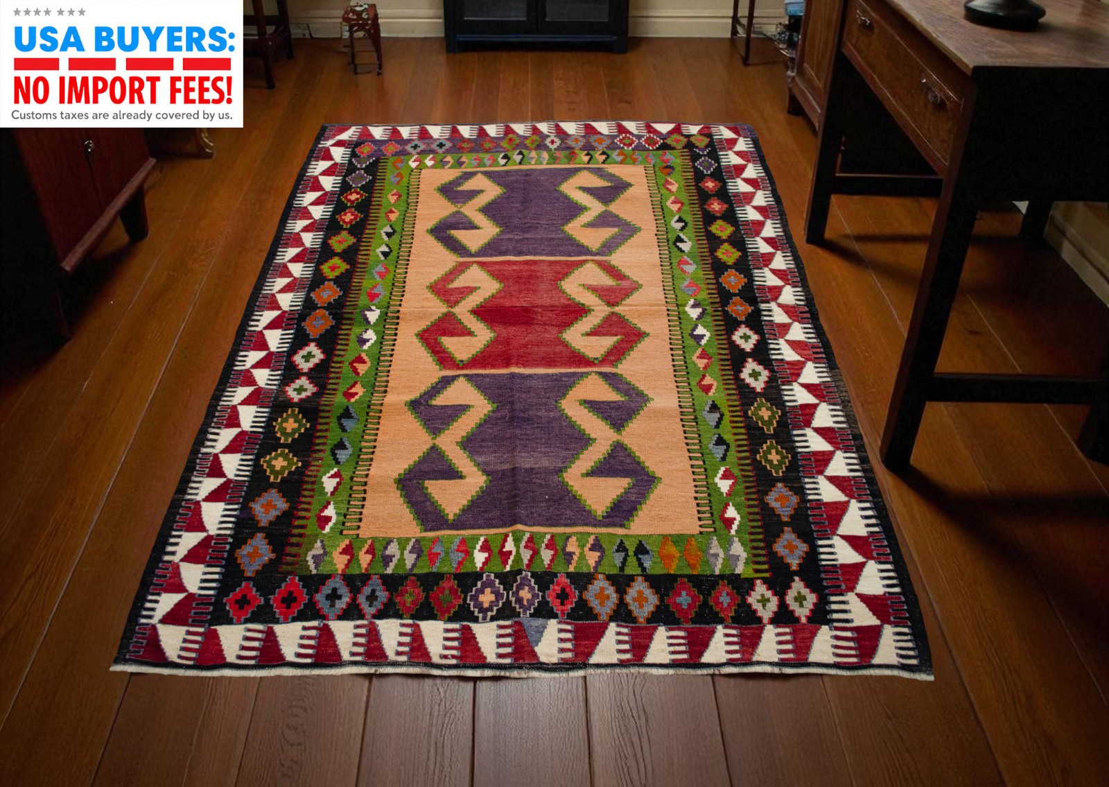 Vintage Turkish Rug Kilim Rug HandWoven Natural dyes Area Rug 5×6 ft approx