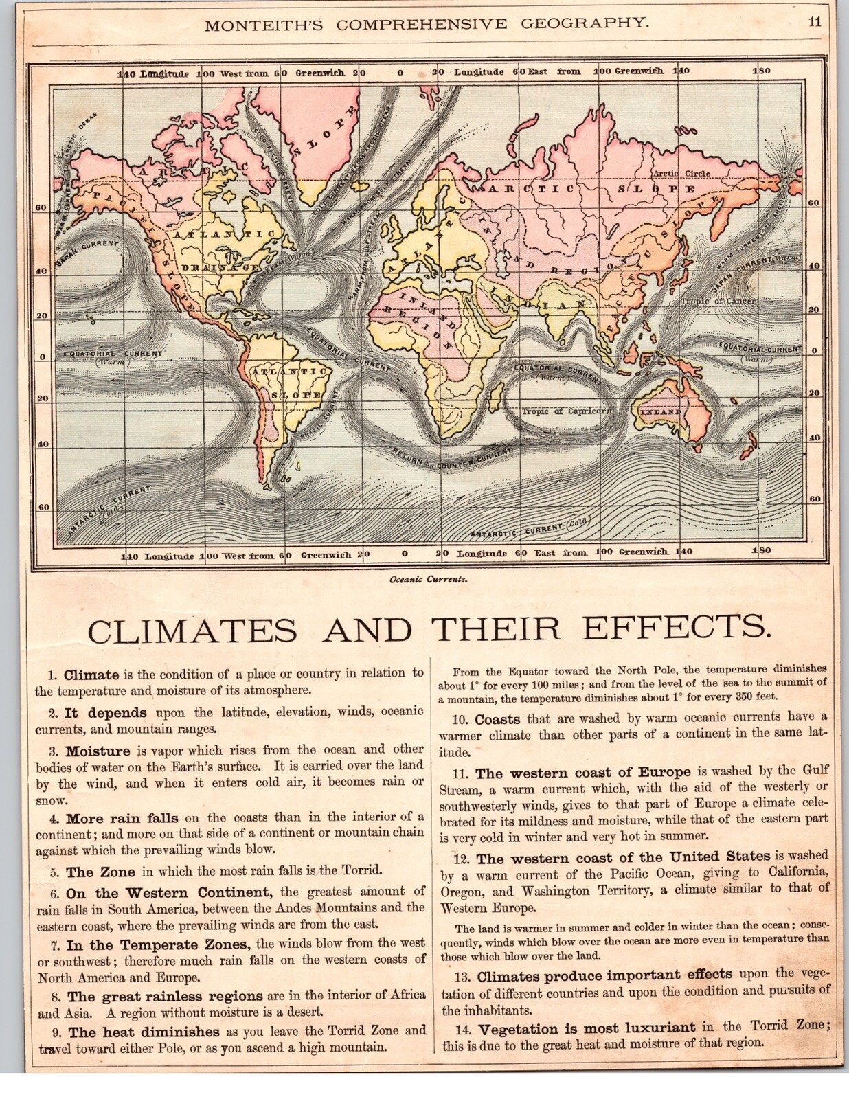 1872 Climate Effects Color Map of the World 8.25”x10.5” – Rare