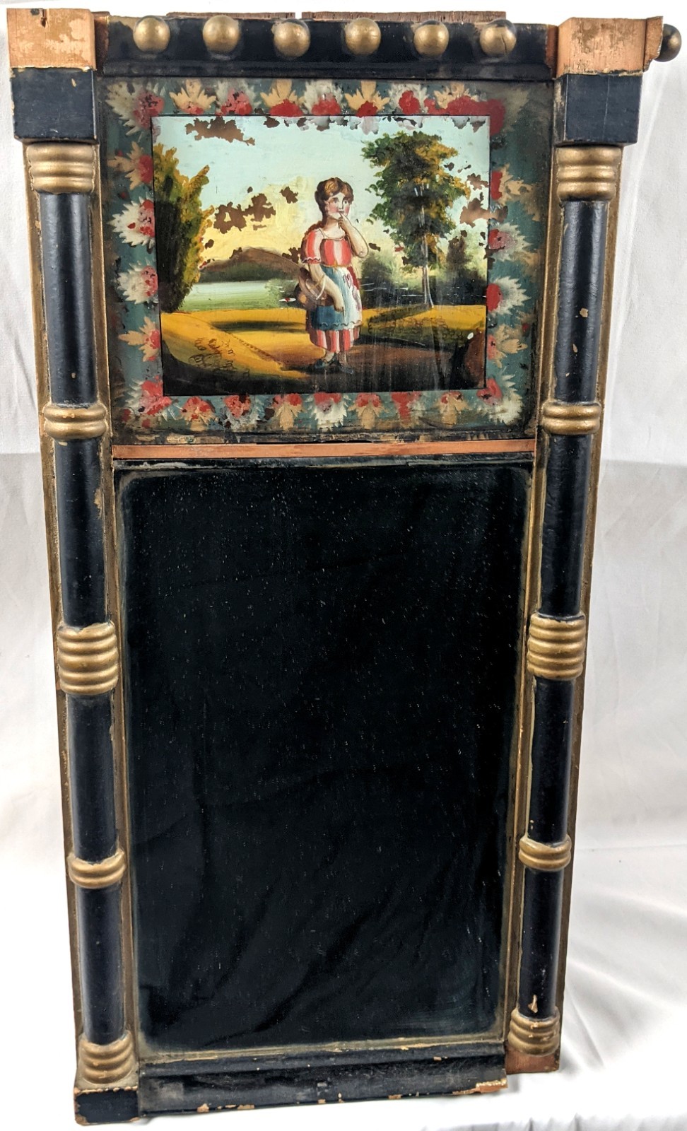 Antique c.1830-1845 Empire Biedermeier Reverse Painted Glass Mirror Pastoral