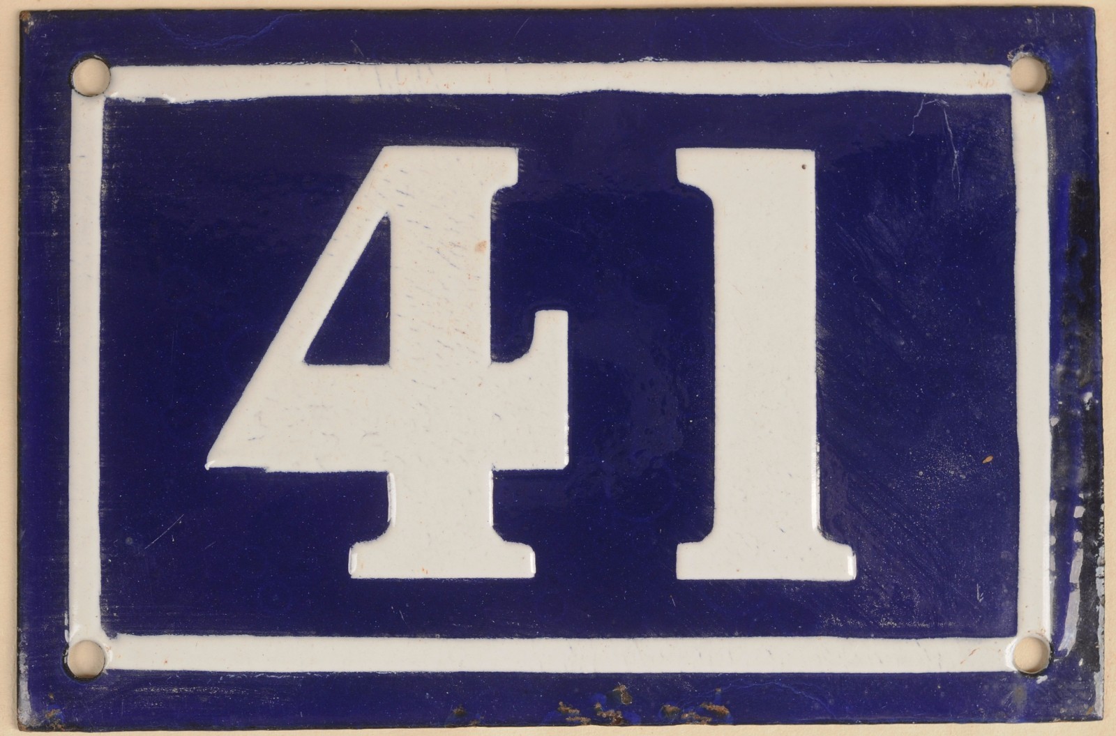 Old blue French house number 41 door gate plate plaque enamel metal sign c1950