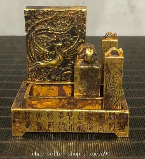 3.7″ Old Dynasty Pure Bronze Gilt Dragon Beast Phoenix Bird Seal Signet Set