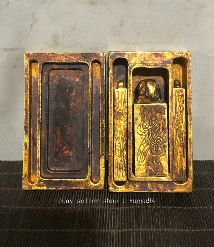 3.7″ Old Dynasty Pure Bronze Gilt Dragon Beast Phoenix Bird Seal Signet Set