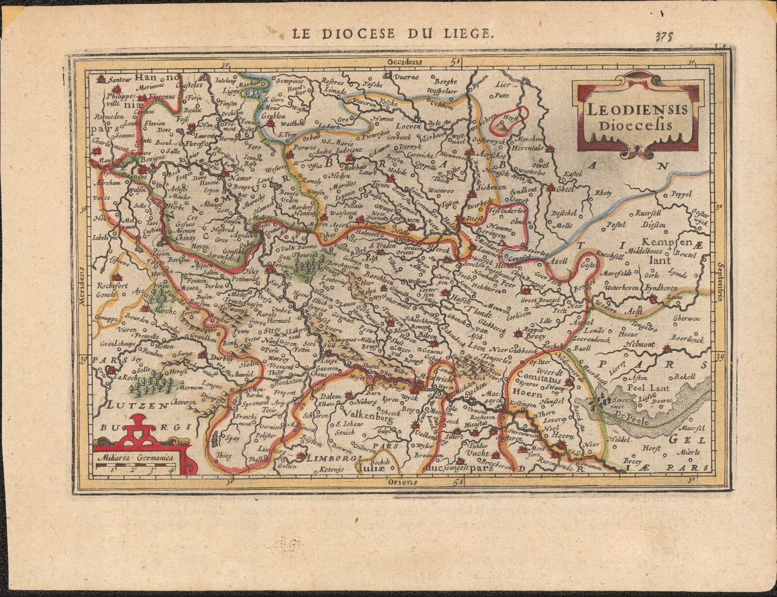 C 1630 Liege Belgium Hondius / Mercator – antique map Leodiensis Dioecesis