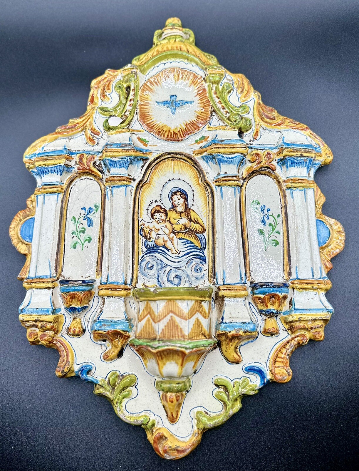 Antique 18thC Italian Majolica Holy Water Font Mary Madonna Child Plaque Baroque