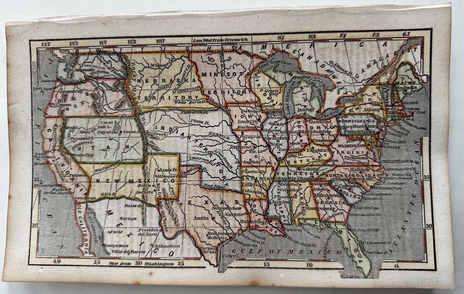 Territorial Western states USA Utah CA NM 1853 Ensign miniature hand color map