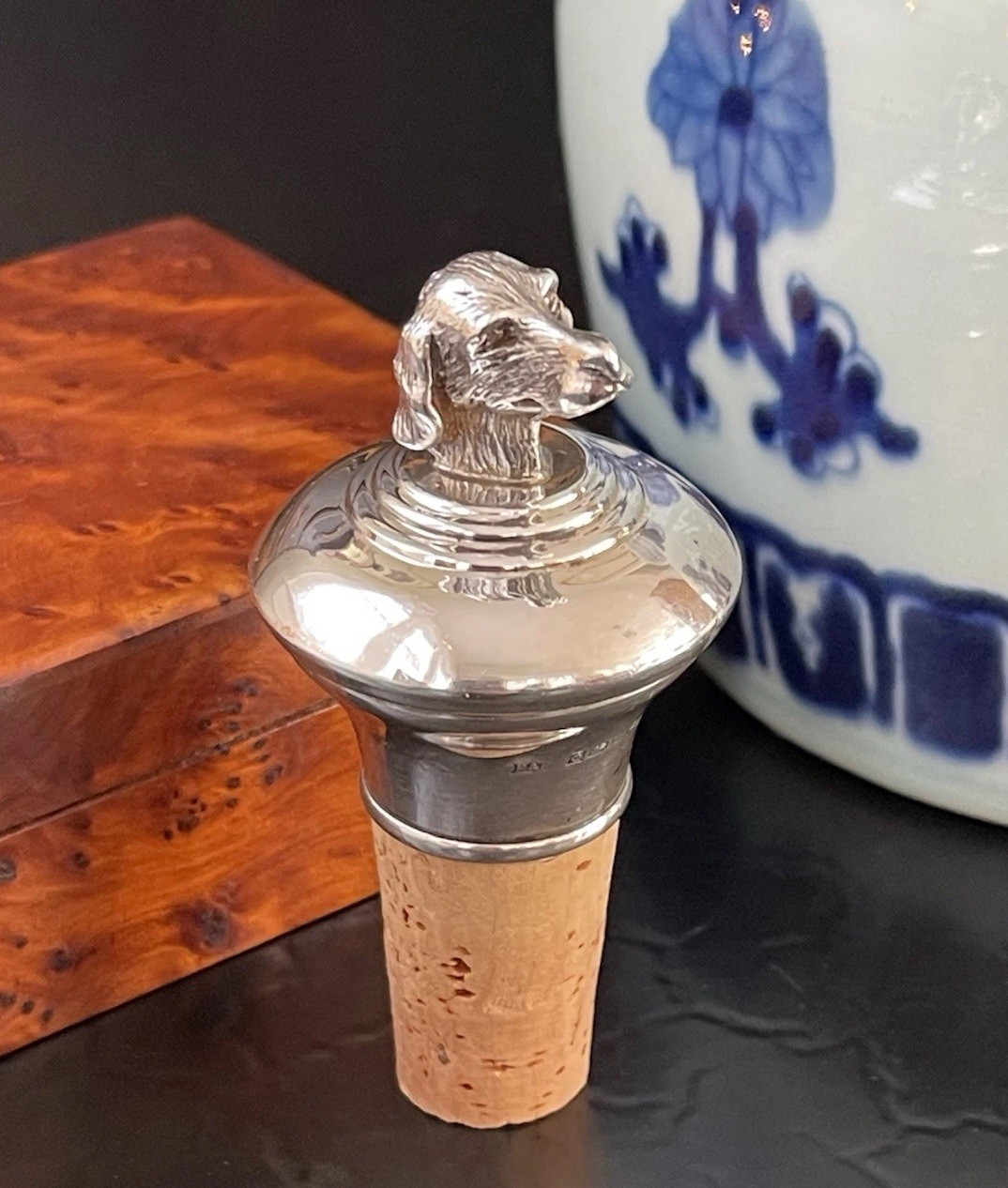 English Sterling Silver Figural Spaniel Hunt Dog Wine Bottle Stopper 3” c1996