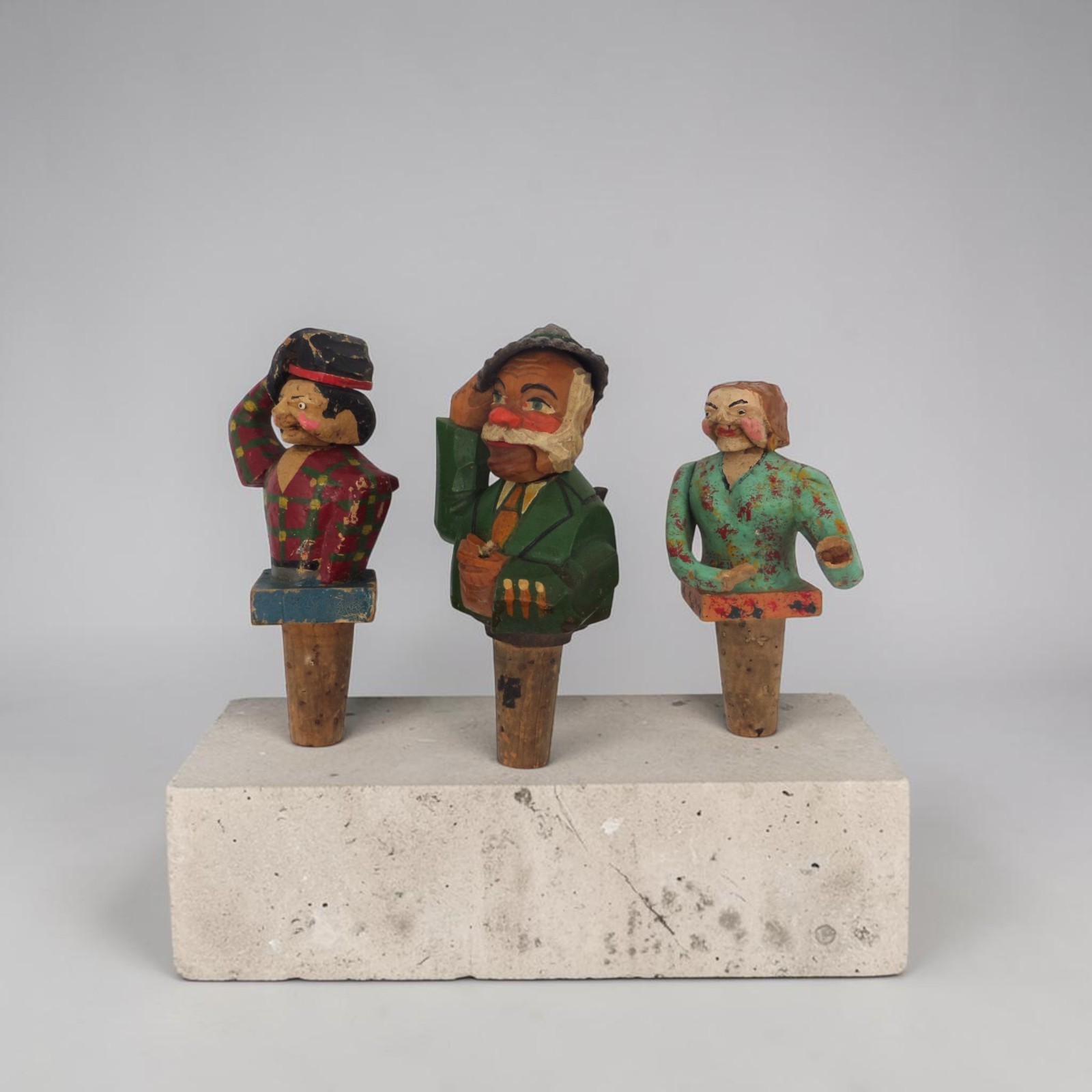 Vintage Wooden Mechanical Novelty Bottle Stoppers Trio
