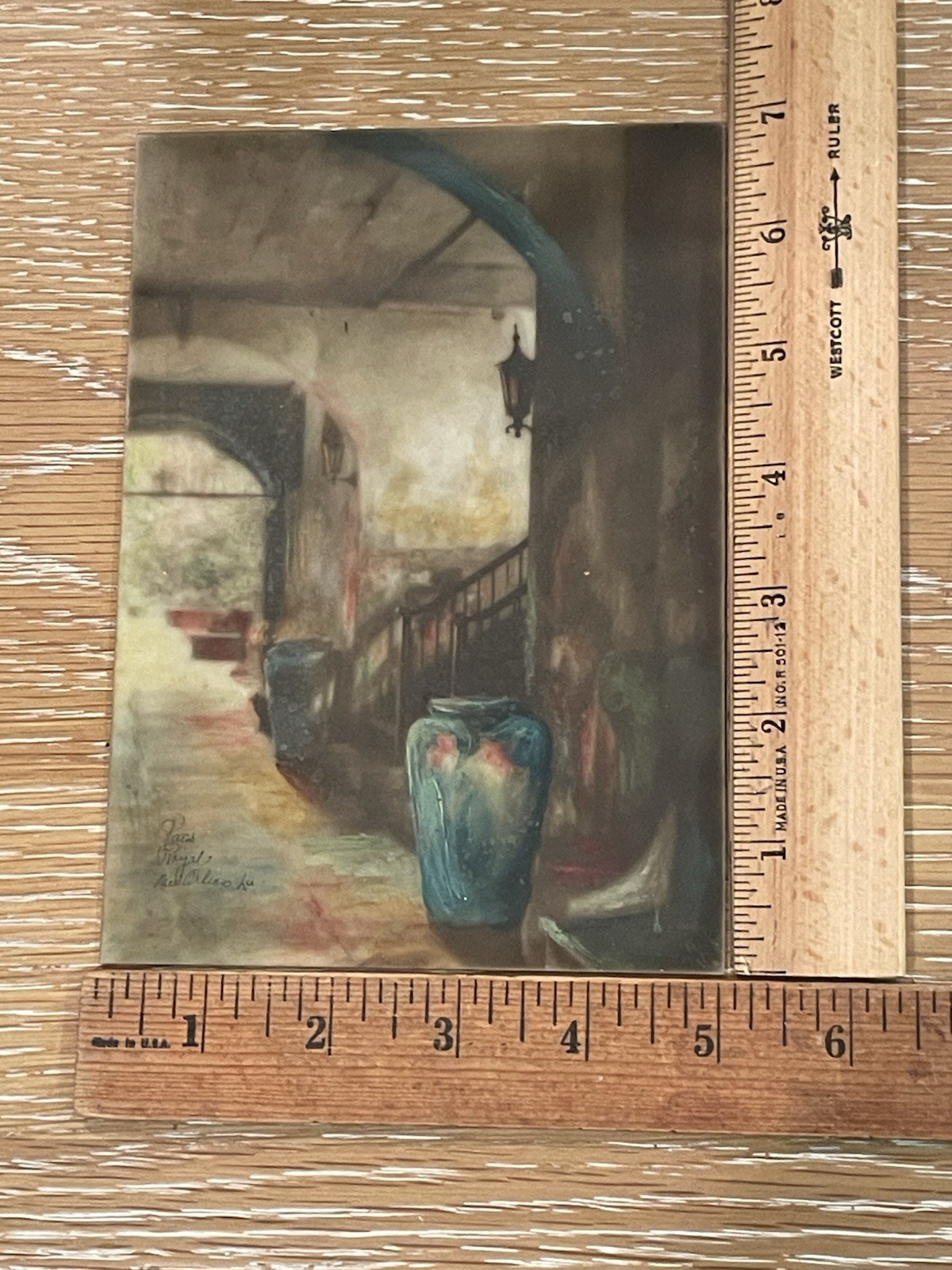 Patio Royal Street New Orleans Hand Painted On Glass Antique Vintage 5”x7”