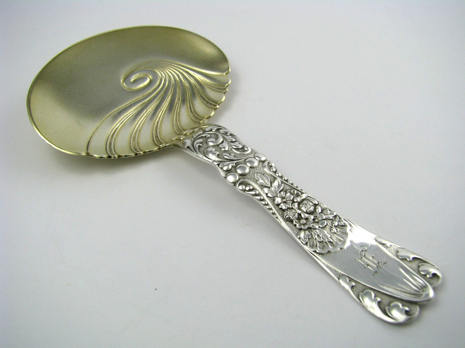 GORHAM STERLING SILVER SPOON NUT SCOOP SERVING SPOON No. 412 ca1890s Mono “F”