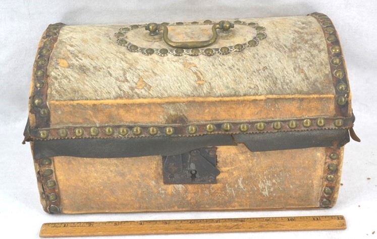 antique early box 19th c dome top hide cover 12x6x7 carry document 18th 19th c