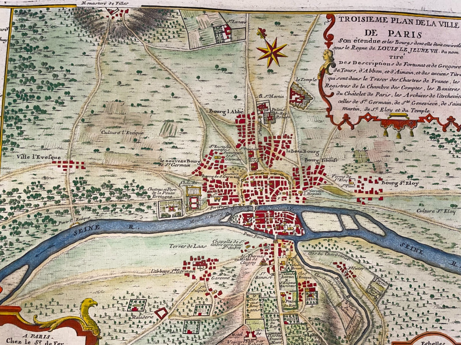 PARIS THIRD PLAN 1714 FRANCE NICOLAS DE FER RARE ANTIQUE CITY MAP 18TH CENTURY