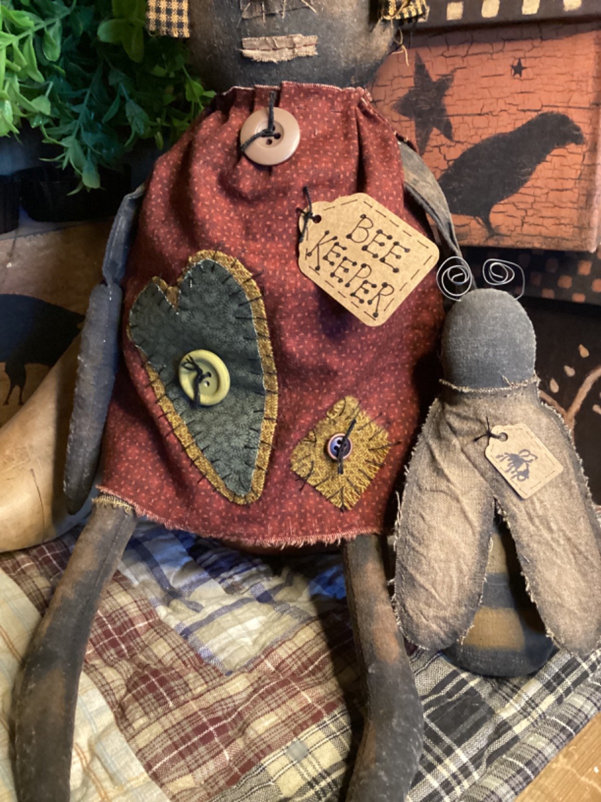 Primitive BLACK DOLL & BEE Handmade OOAK Signed & Dated THREADBARE PRIMITIVES