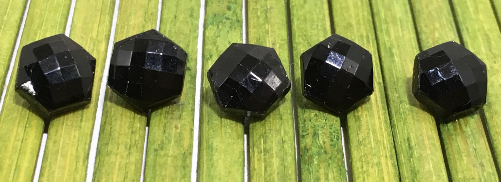 Antique Black Glass Buttons Hexagon Shape Faceted Self Shank 5/16″ Set of 5