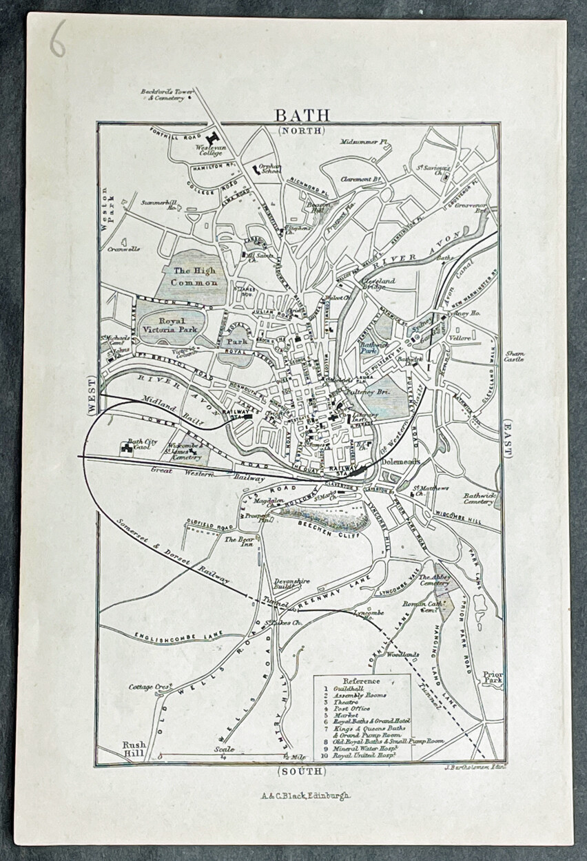 1870 John Bartholomew Antique Map, City Plan of Bath in Somerset England