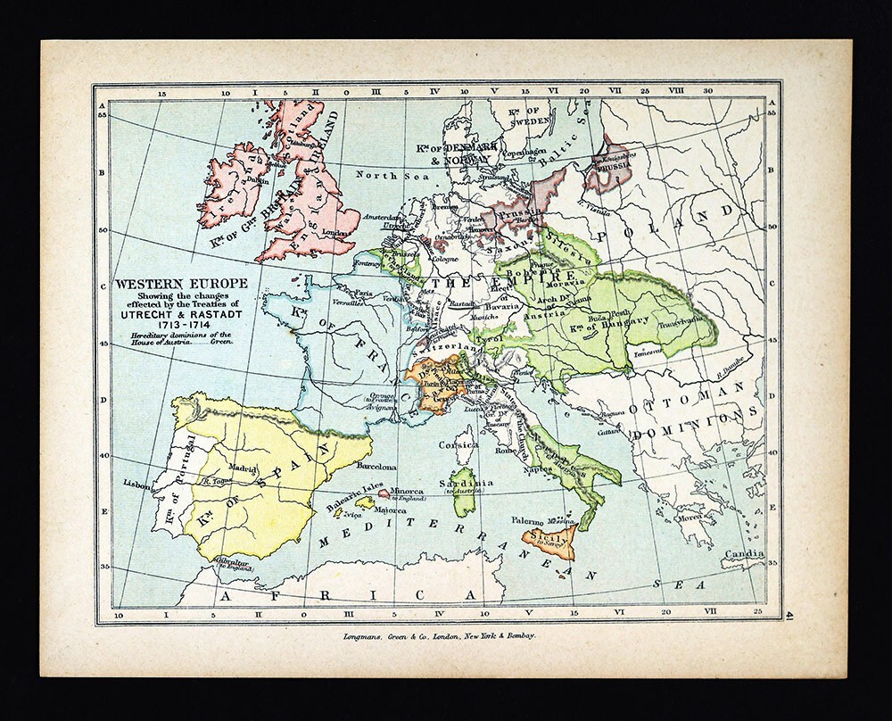 Antique Map Europe Treaty of Utrecht 1713 & Rastatt 1714 England France Austria