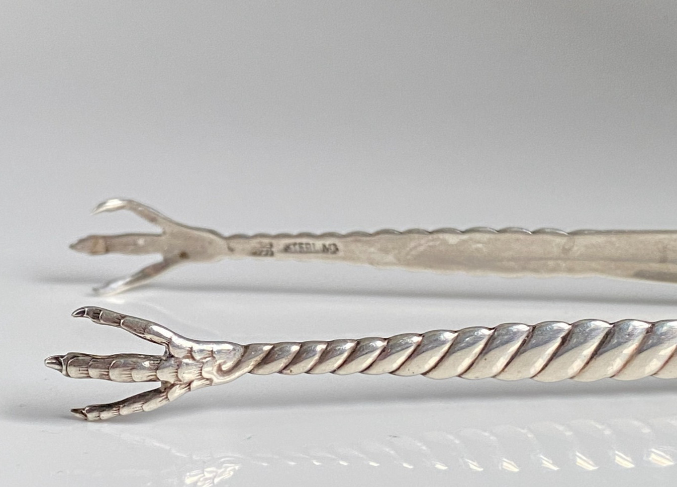Antique c1880s Solid Silver Barley Twist Bird Claw Sugar Ice Tongs Initials JW