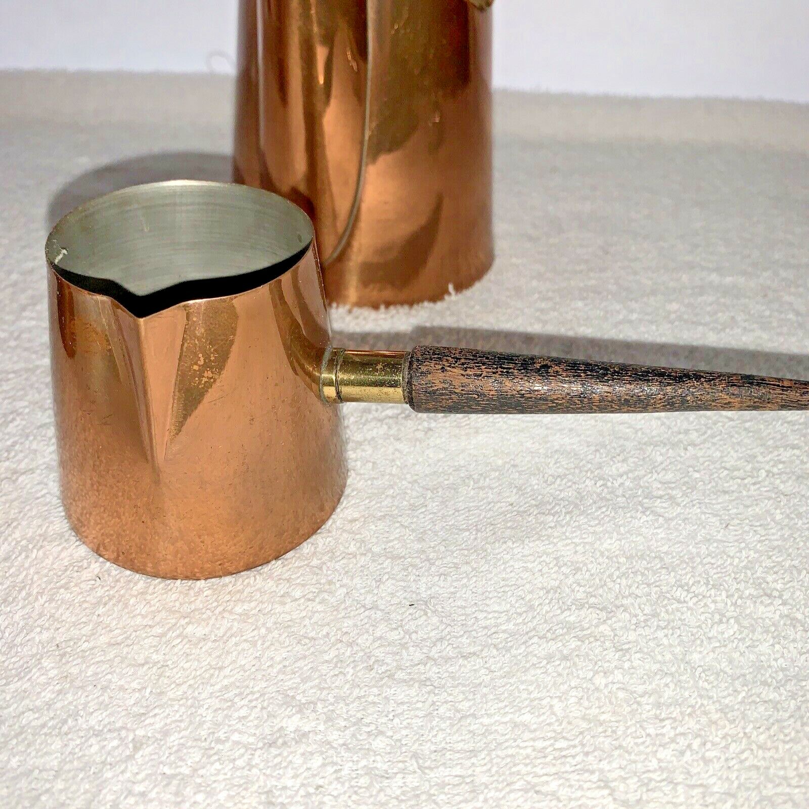 A Mid Century Modern B&M Douro Angular Copper & Teak Coffee Pot Set Portugal 3pc