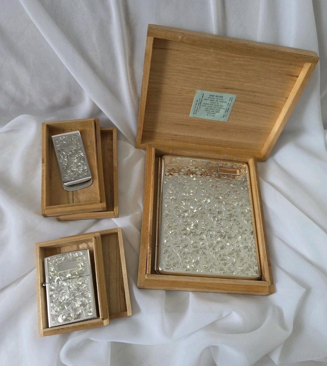 Okubo Bros 950 Silver Cigarette Case Lighter & Money Clip Set Of 3 in Boxes