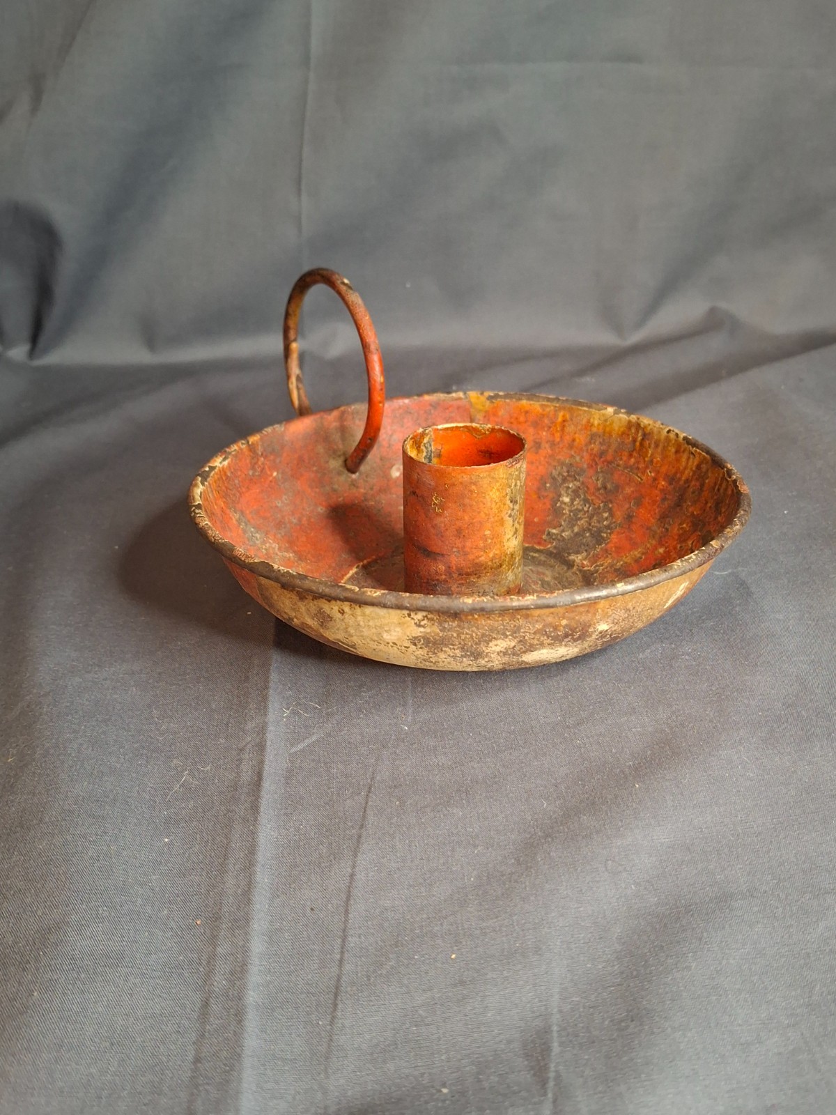 Antique 19thC Red Paint Sheet Tin Chamberstick Candle Holder Finger Loop 5.5″