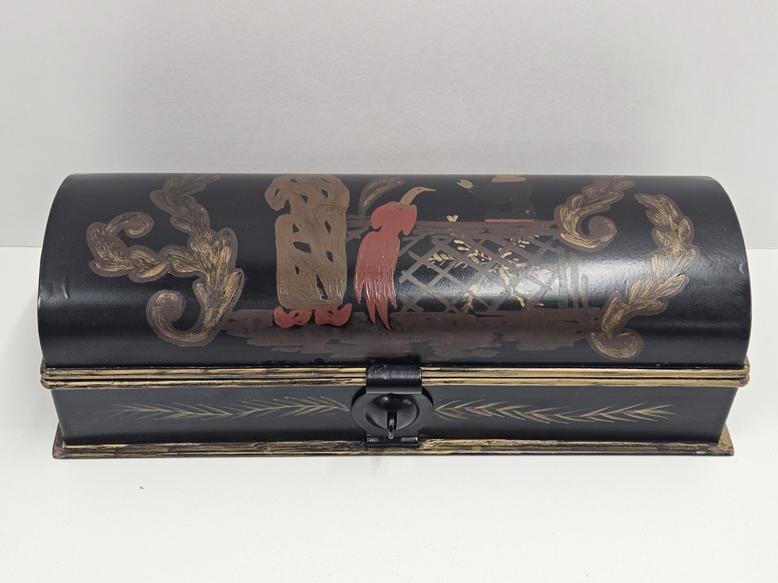 90’s Chinese Chinoiserie Tole Painted Domed Scroll Letter Keepsake Box 13″-(H)