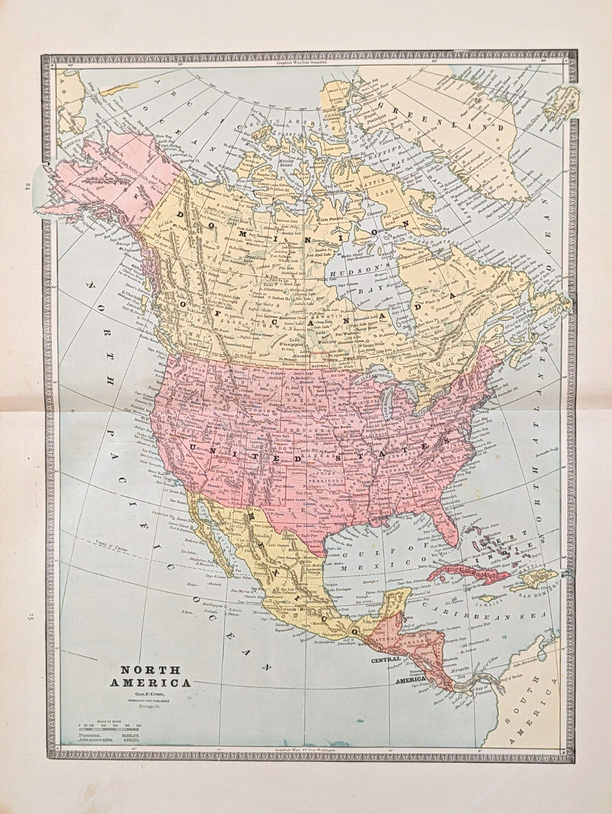 1887 NORTH AMERICA Map ORIGINAL United States – Canada – Mexico – West Indies