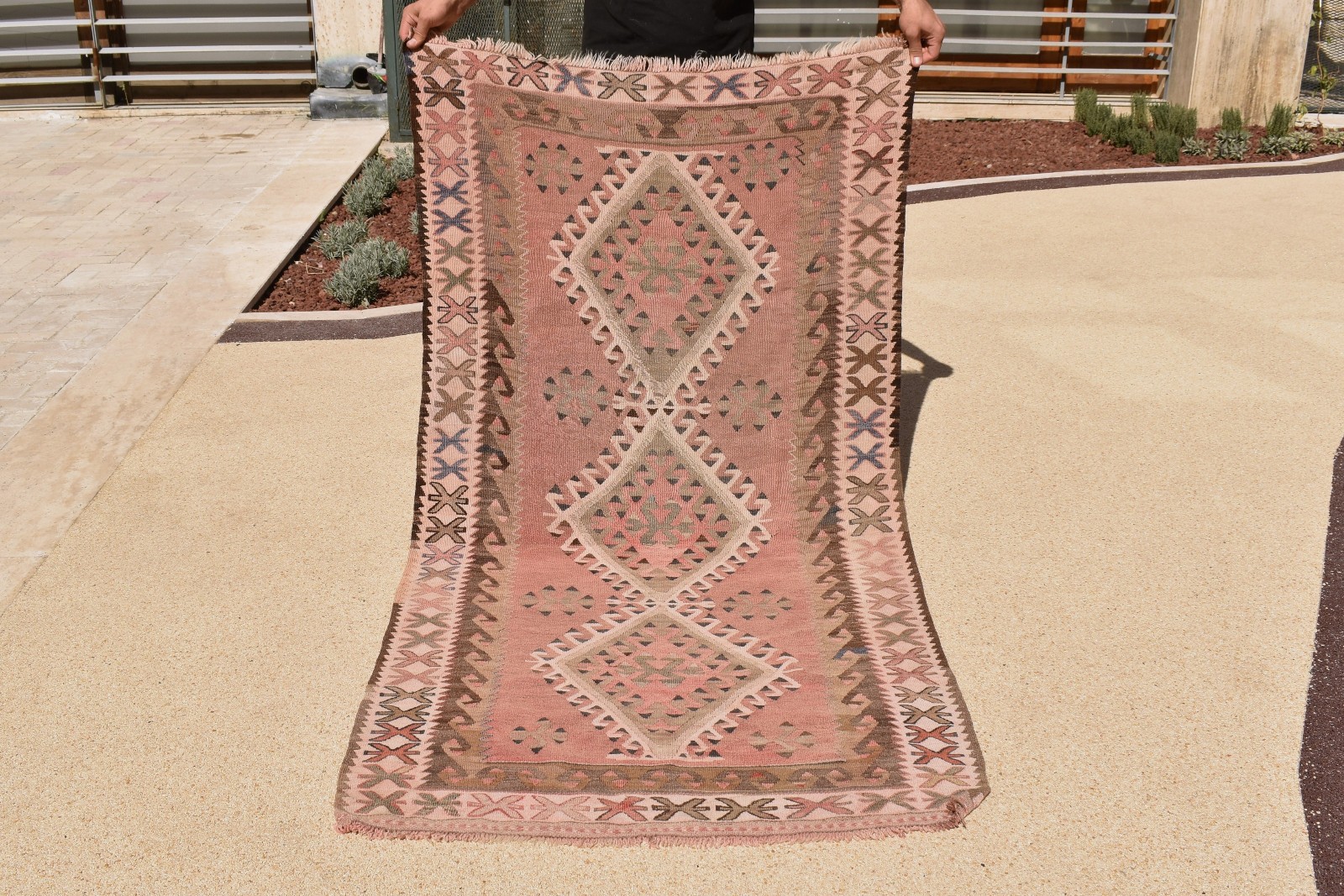 Turkish Rug 39”x75” Handwoven Van Kilim 100x193cm Wool Vintage Pink Area Rug