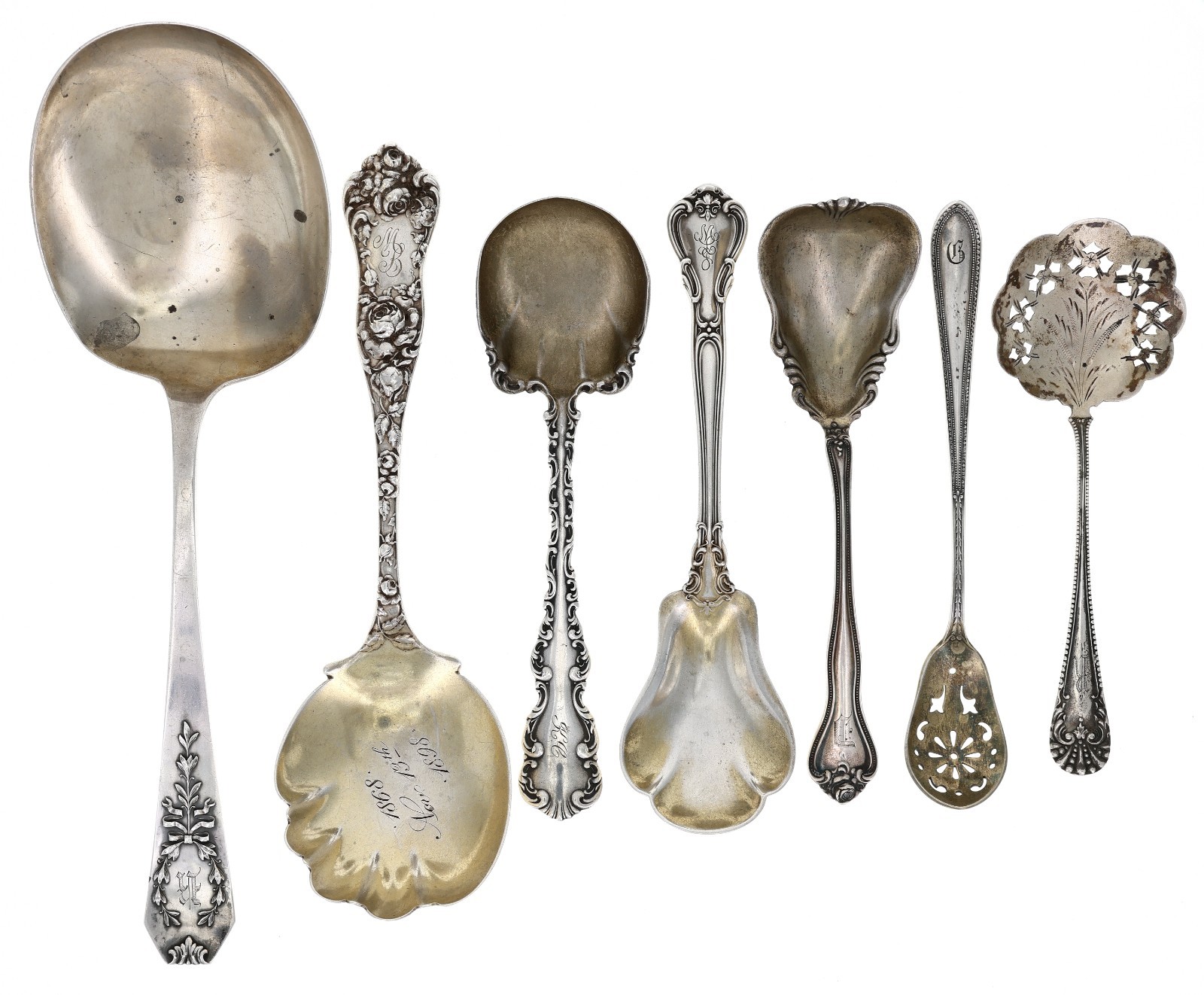 Sterling Silver Serving Spoon Lot x7 Antique Whiting Gorham Towle 1890s-20s 246g