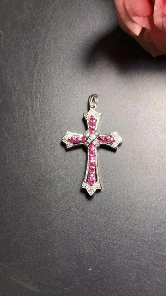 2.30 Ct Round Cut Lab-Created Ruby & Diamond Cross Pendant 14K White Gold Finish