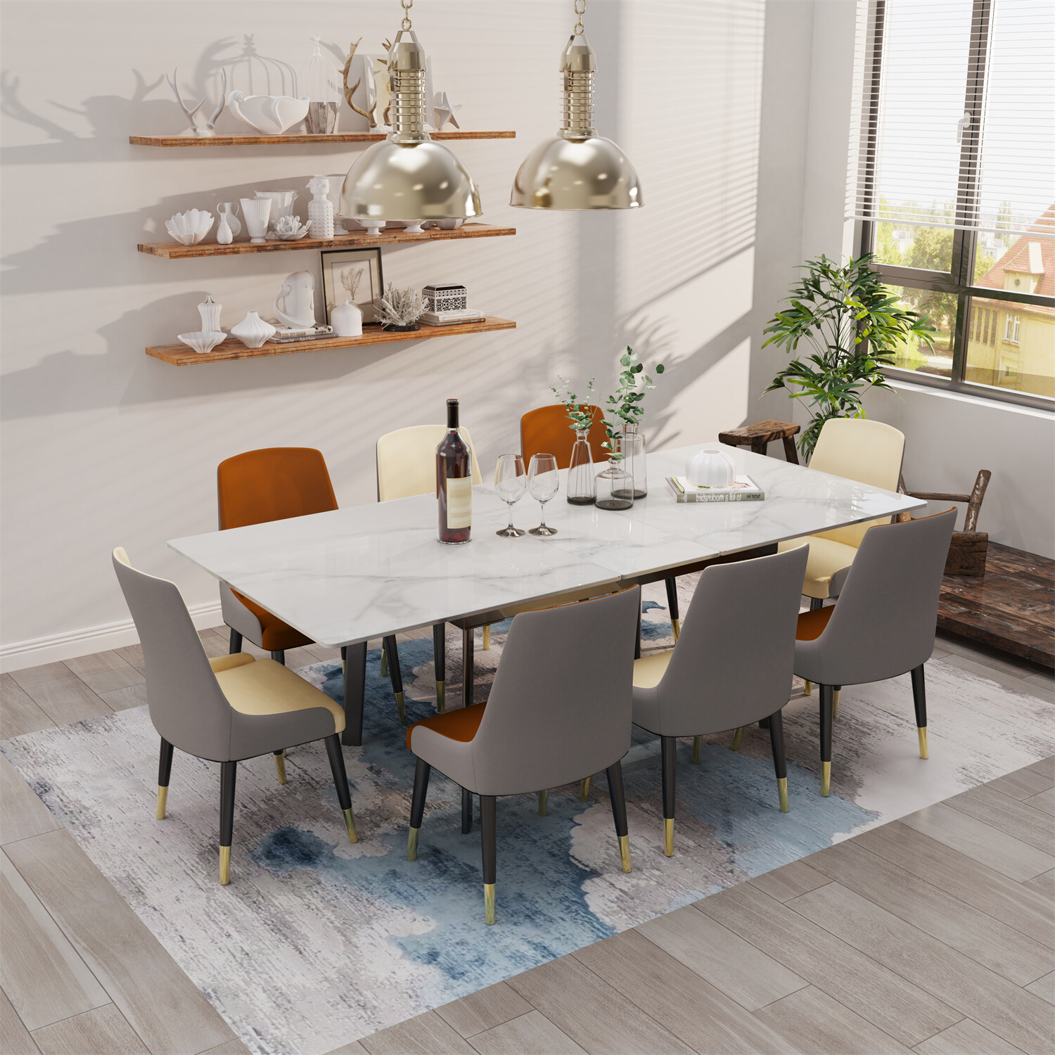 Extensible Dining Set Marble Table & Leather Chair Home Kitchen Modern Furniture