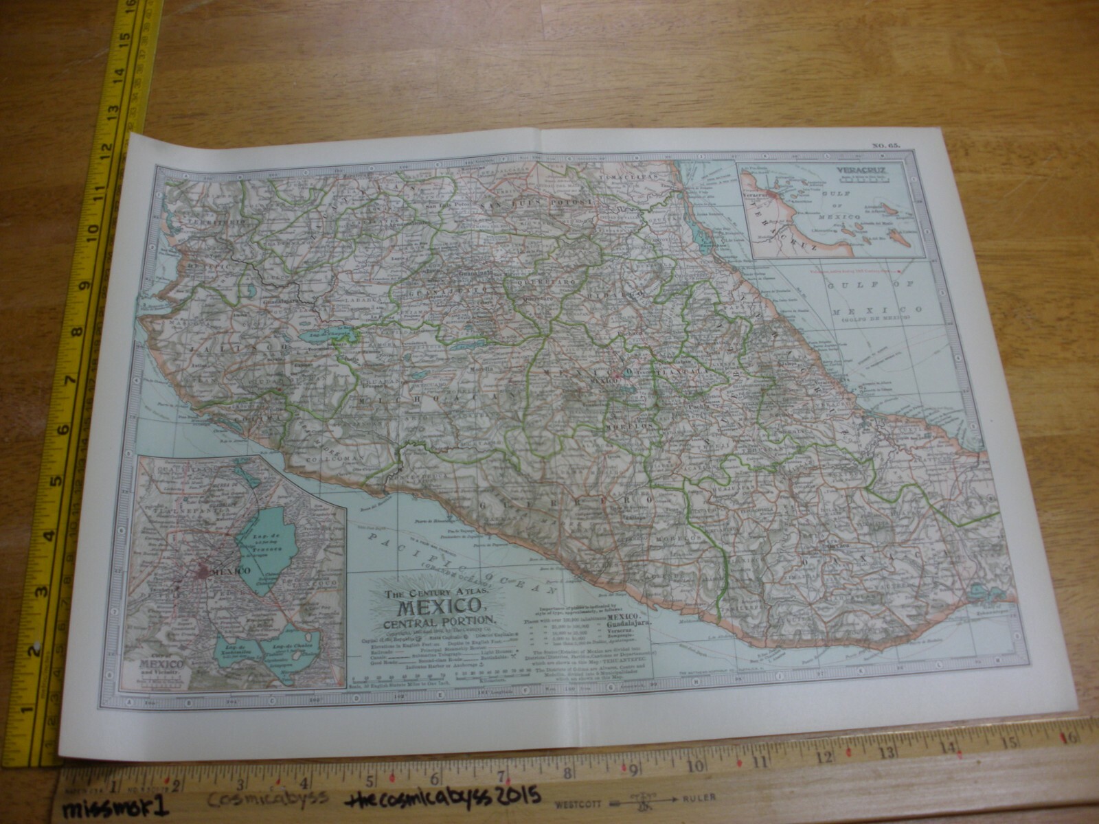 Central Mexico No.65 1897 & 1902 the Century Atlas VINTAGE color map 12×16″