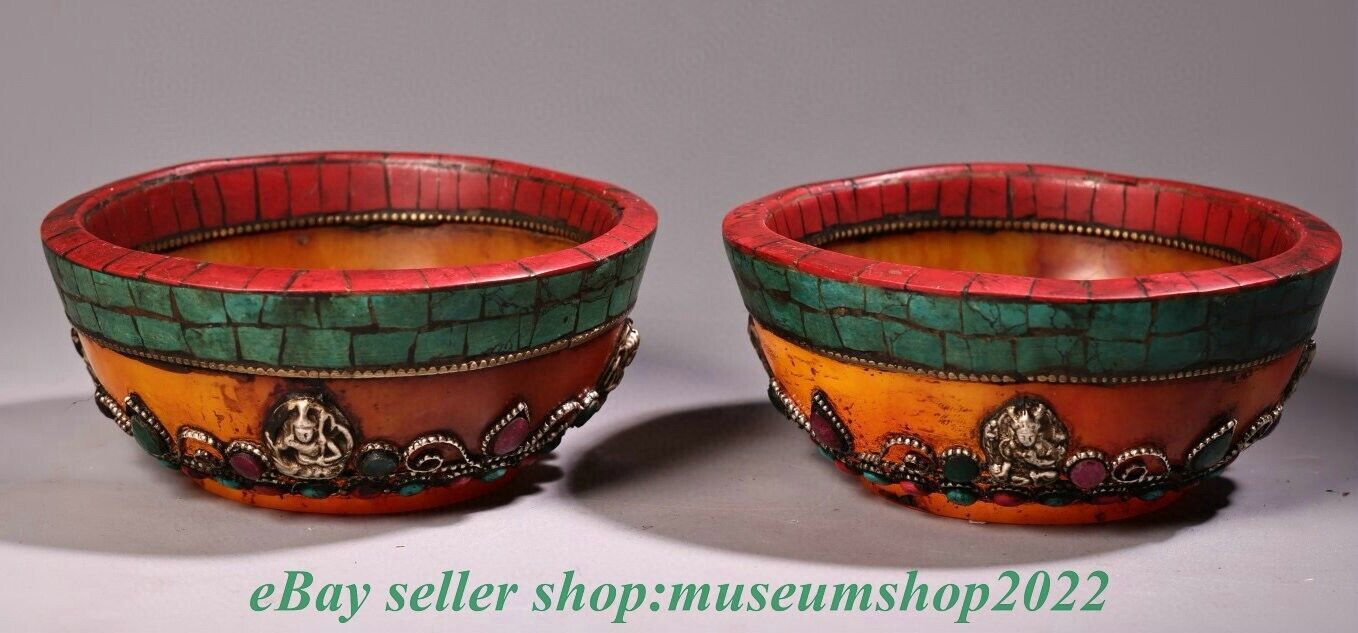 4.8″ Old Chinese Beeswax Inlay Turquoise Dynasty Palace Flower Oil Bowl Pair