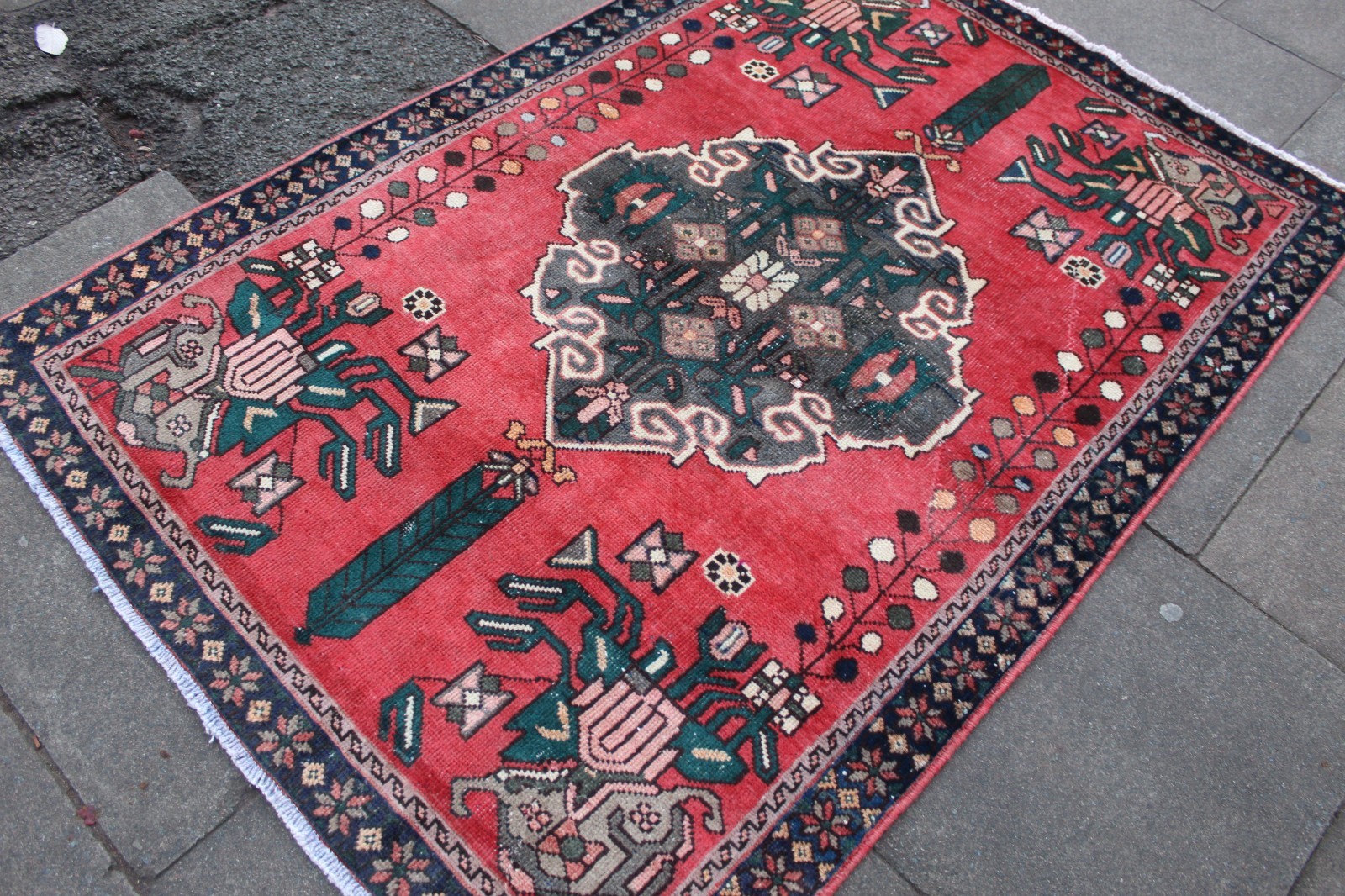Vintage Worn Hand Made Traditional Oriental Wool Red Pink Rug 186x130cm