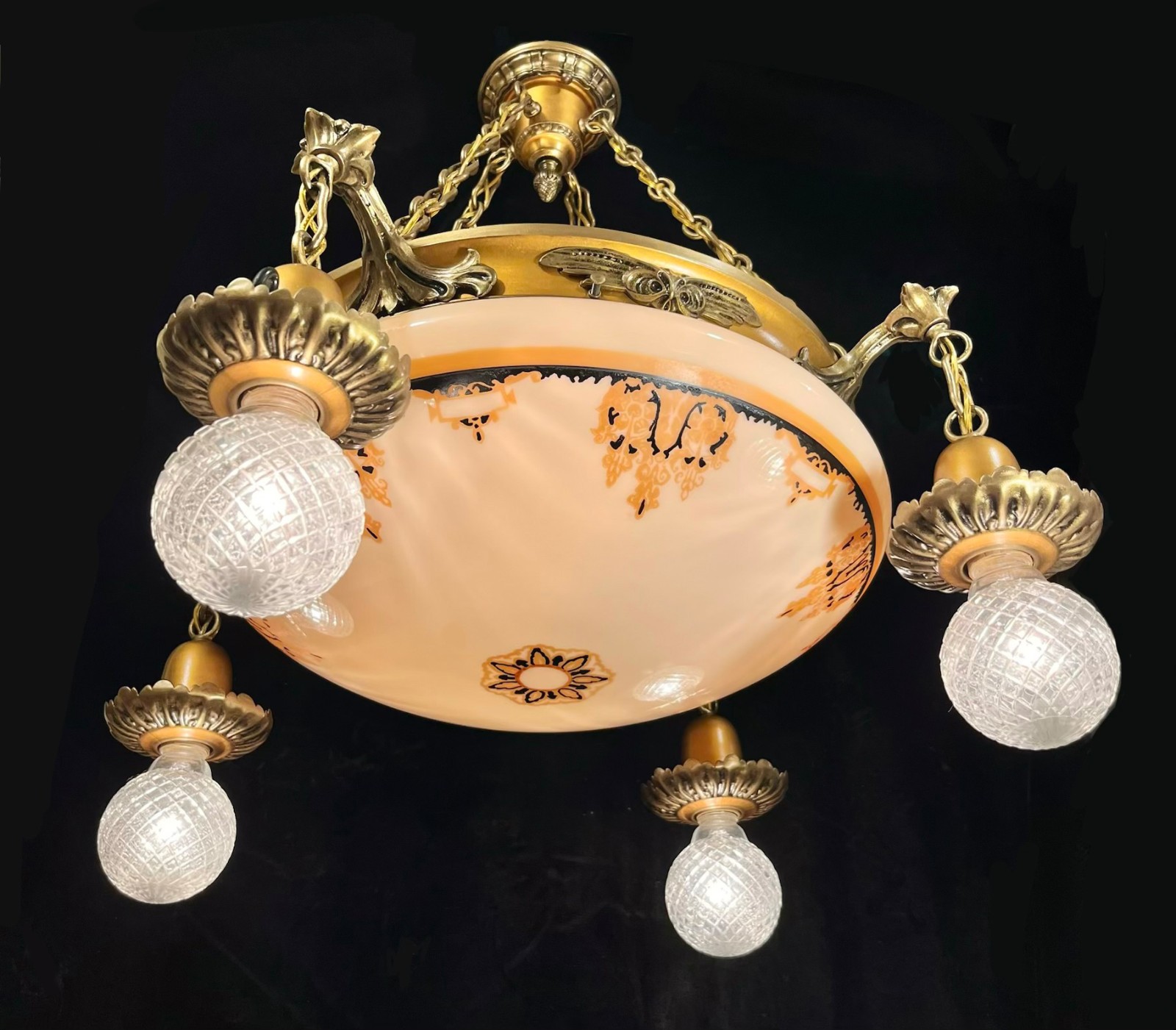 Antique Vtg Hanging Bowl Light Fixture FIGURAL OWLS Art Deco Nouveau Gothic