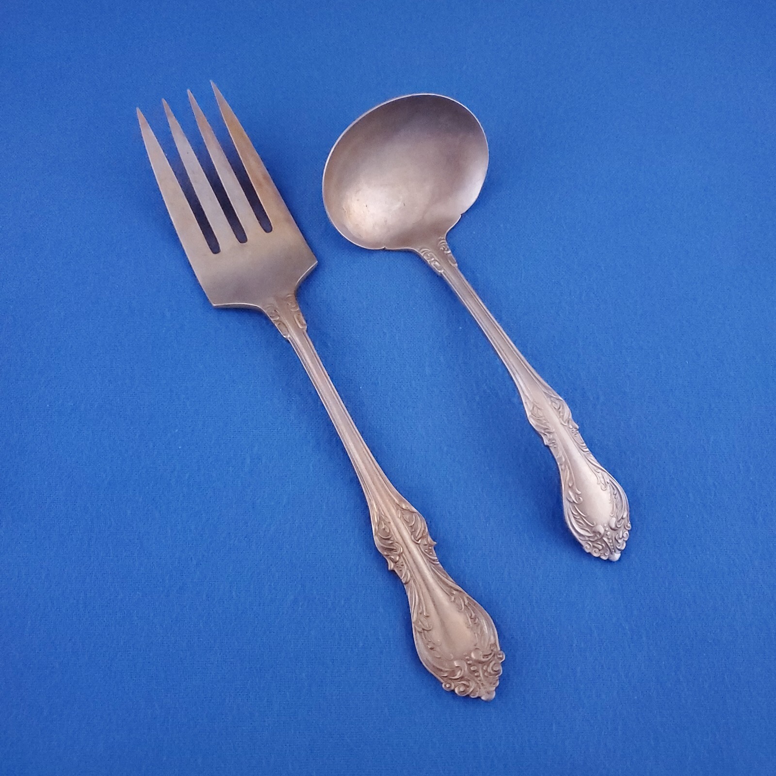Vintage Ornate Dk Nickel Silver Cold Meat Fork and Small Ladle Antique Flatware