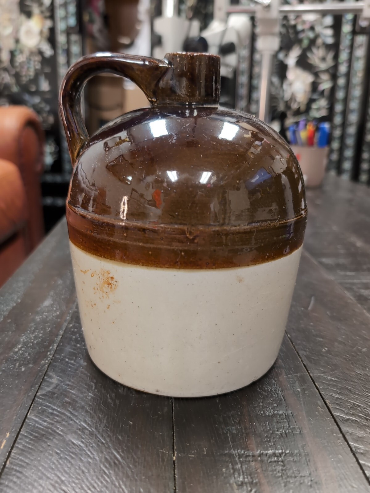 Antique Two-Tone Glazed Stoneware Earthenware Crock Jug 1/2 Gal