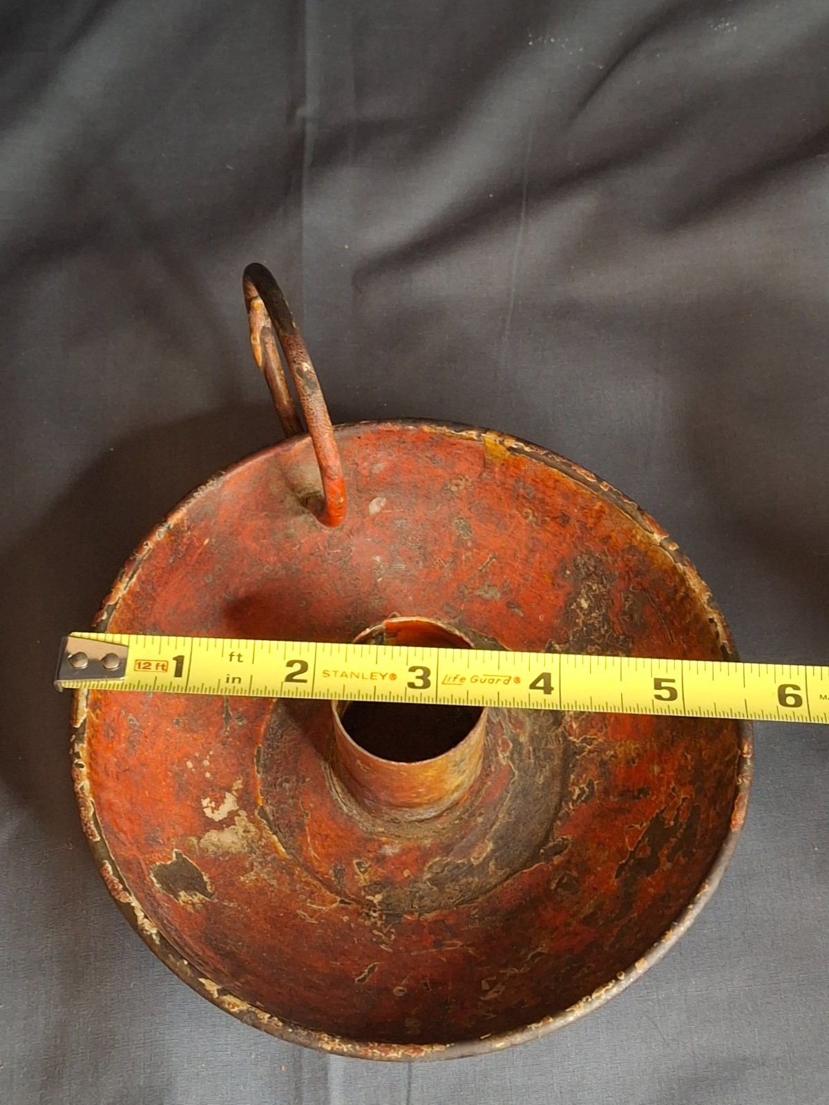 Antique 19thC Red Paint Sheet Tin Chamberstick Candle Holder Finger Loop 5.5″