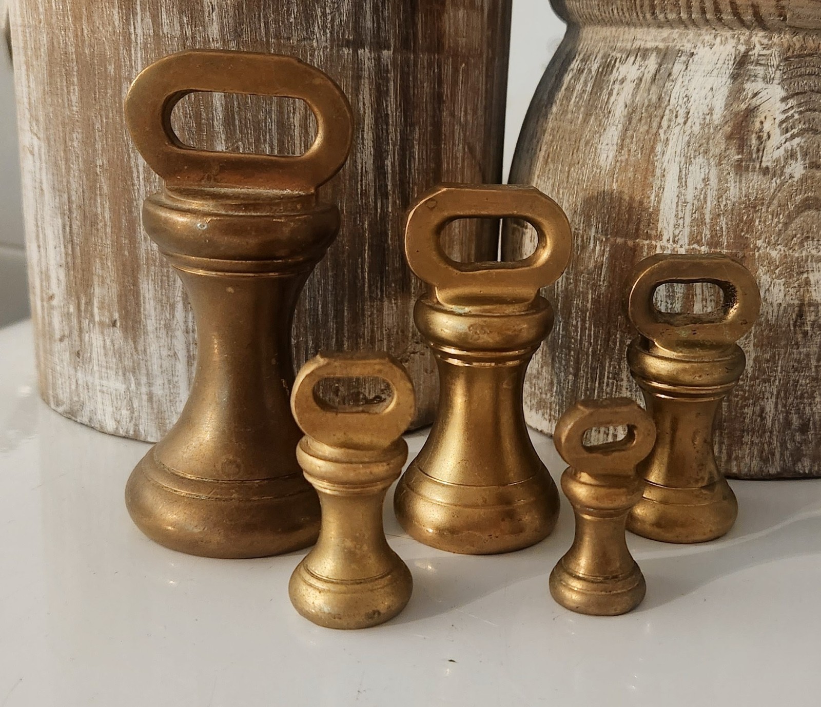 Vintage Set of 5 Brass Bell Shaped Scale Weights: 1 lb, 8oz, 4oz, 2oz, & 1oz
