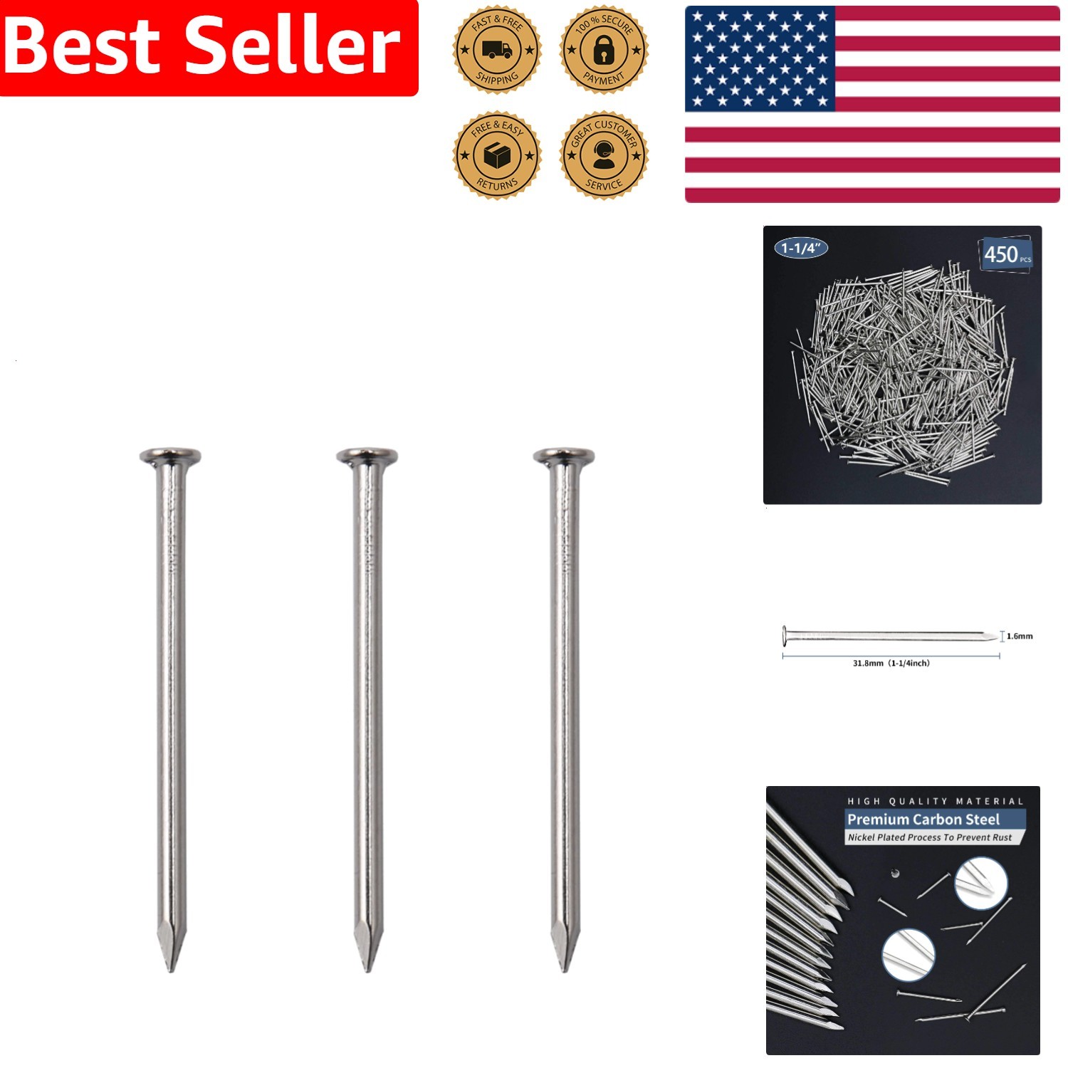 450pcs Nickel Plated Flat Head Hanging Picture Nails 1-1/4in 16 Ga Wood Wall