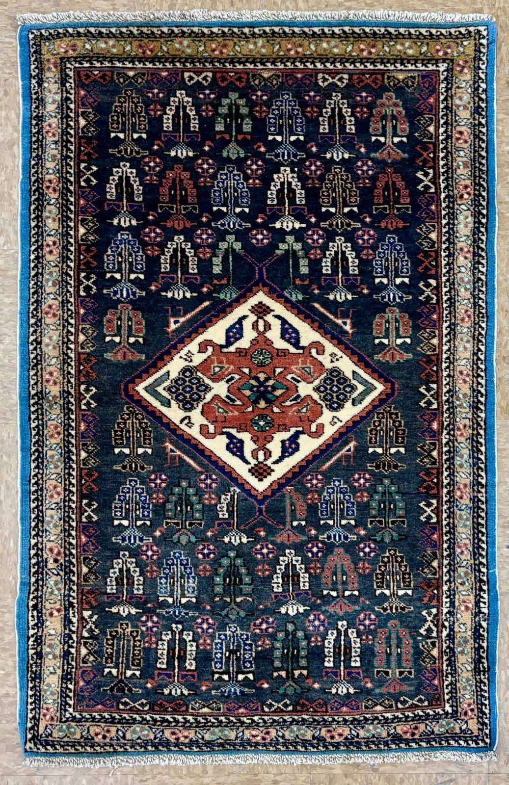3×4 Hand Knotted Ardebil Wool Vintage Tribal Area Rug Navy Blue Ivory Oriental
