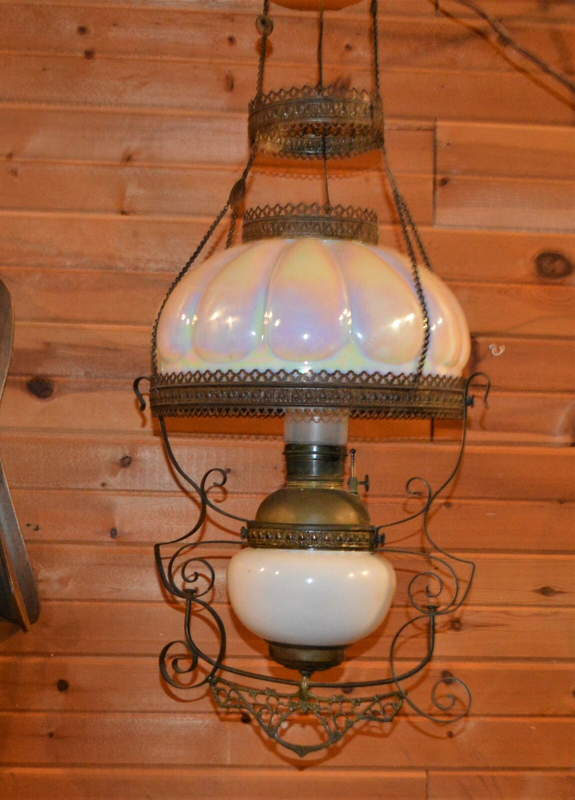 1890’s Victorian Pull Down Library Lamp Pearlescent Melon Shade Electric or Oil