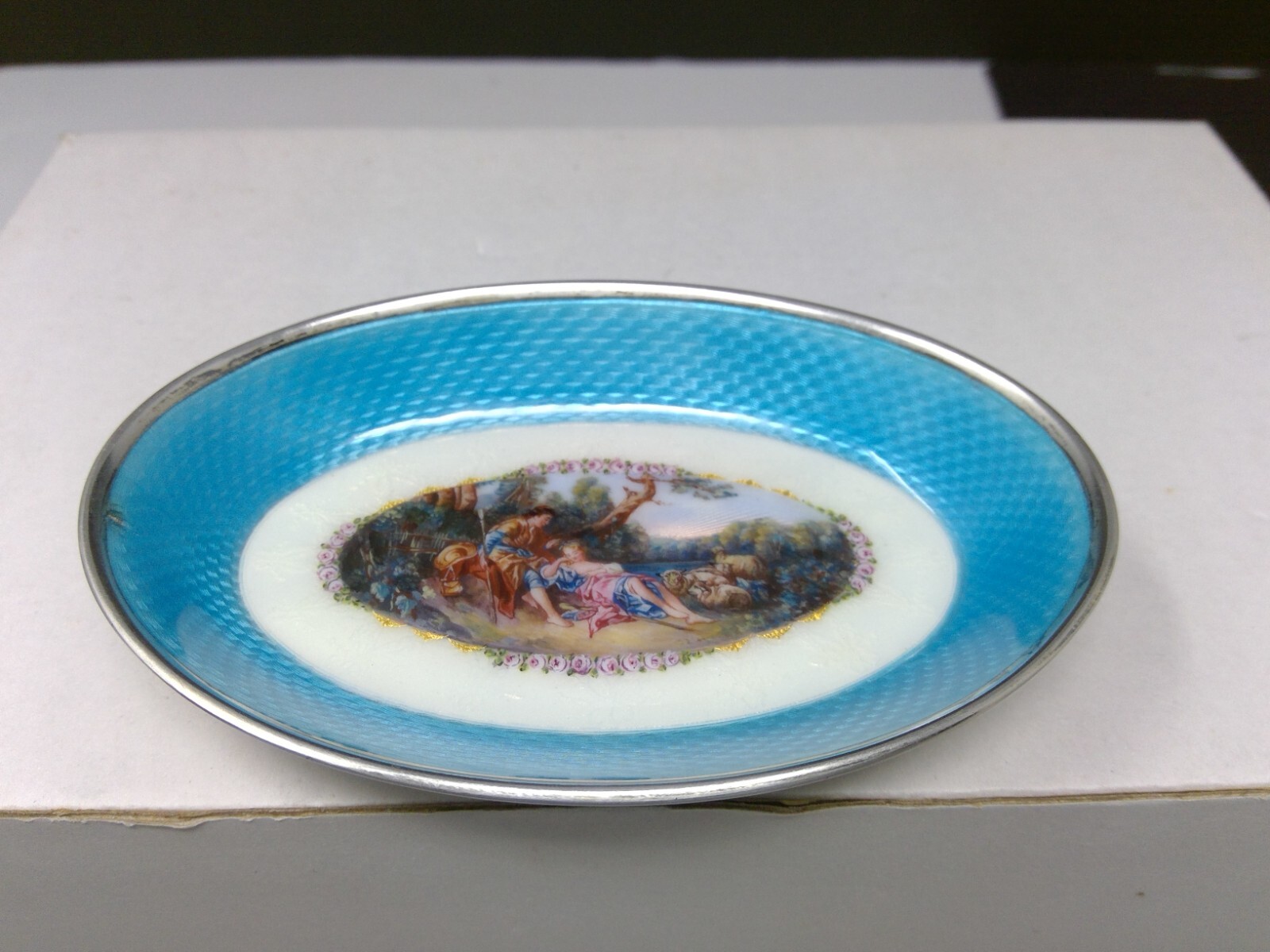 European 935 Silver Guilloche Enameled Shepherd Scene Footed Dish