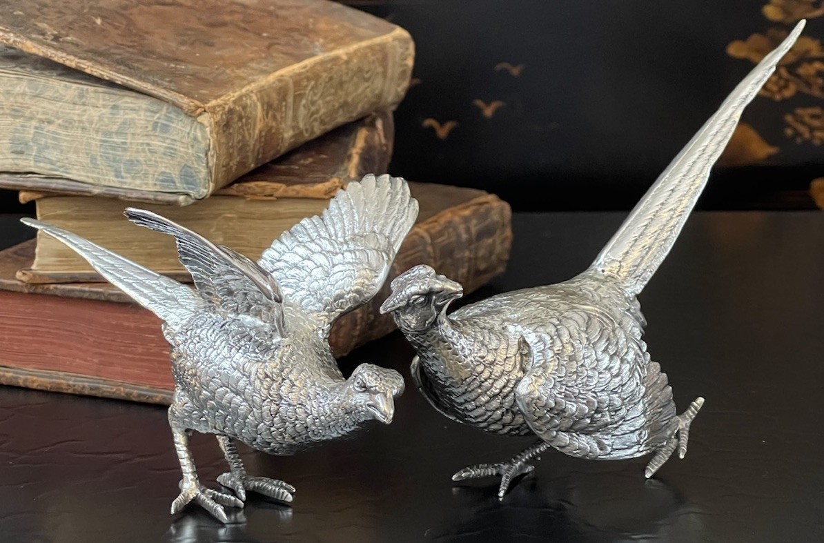 Rare English Sterling Silver Figural Pheasant Game Hunt Bird Pair 5.6/6” c1969