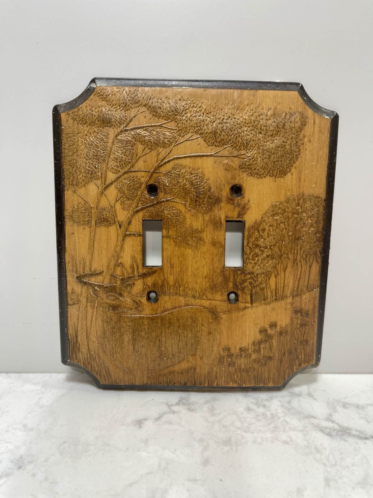 JNCO Wood Double Switch Plate Cover 1980s Brown Silver Salvage Deer Cabin