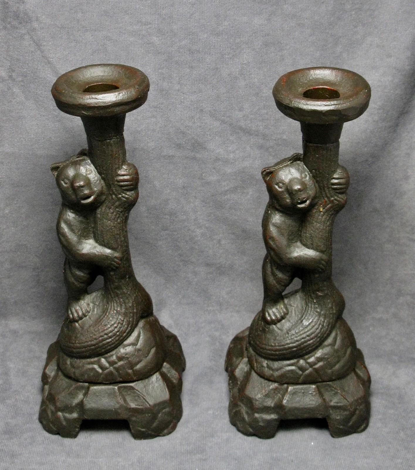 Vintage Rare Cast Iron Swiss Black Forest Bear Style Candlesticks 9.5″ tall Pair
