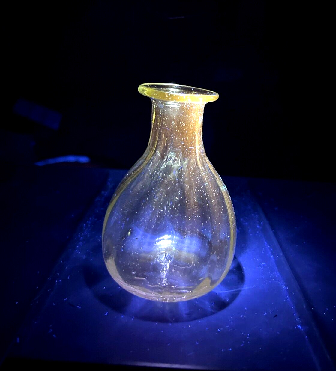 Vintage Green Swirl Hand Blown Glass Vase Bubbles, Orange Cadmium Glow